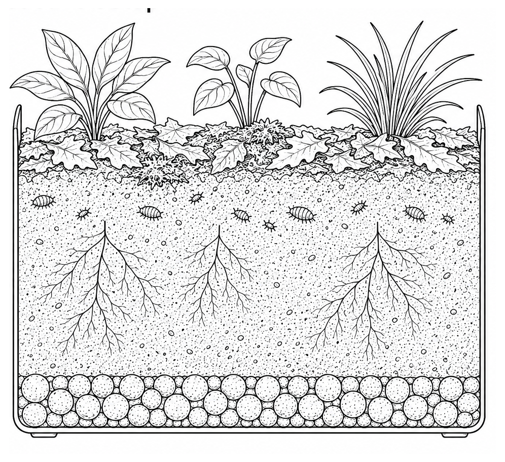 Black-and-white technical drawing of a bioactive enclosure cross-section