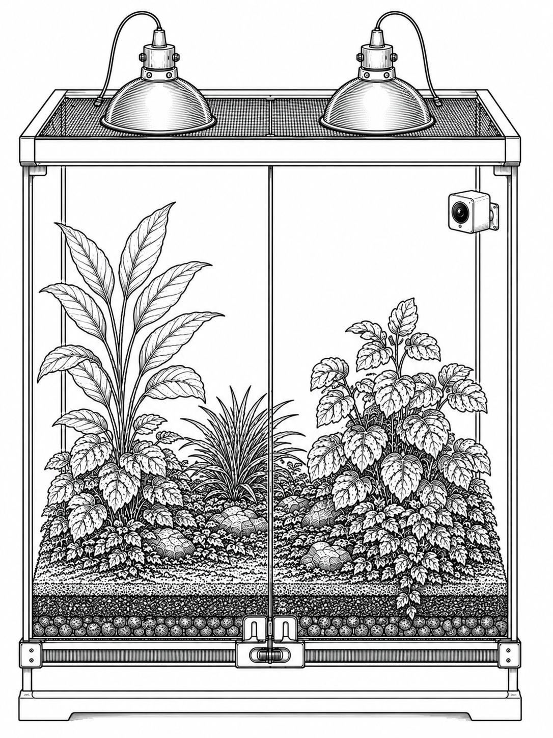 Technical line drawing of a front-opening glass vivarium with two dome lamps and a mounted camera